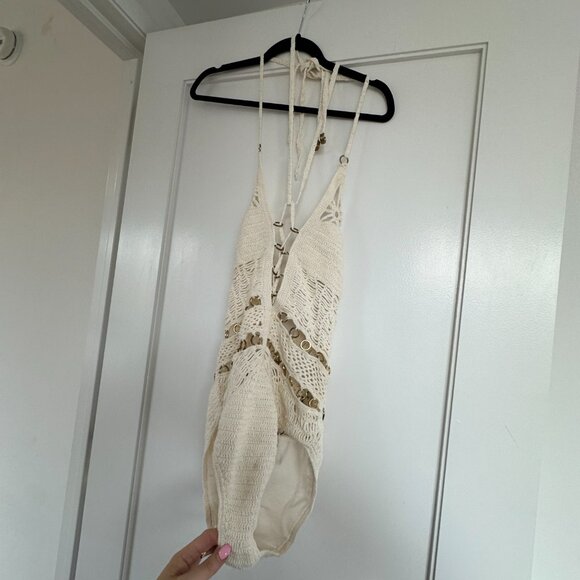 Jets One Piece Swimsuit Cotton Crochet Lace-Up Cut-out Ring Details Sz 6 - Picture 6 of 10